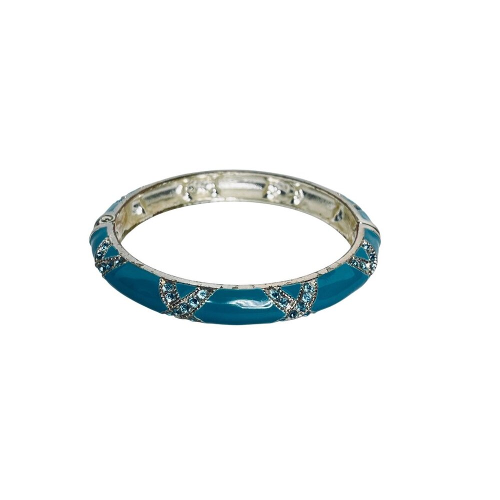 Silver Tone Blue Rhinestone And Blue Enamel Hinged Bangle Bracelet (6151) - Picture 3 of 3
